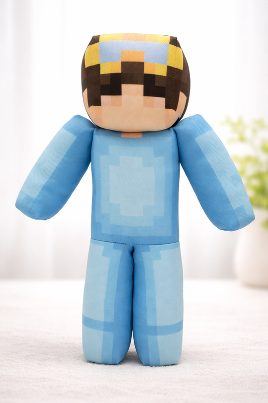 Blue Onesie Guy Pixel Plush Toy – 11” & 16” Block Style Gamer Plush