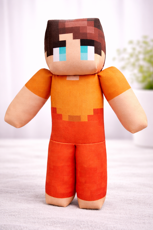 Orange Shirt Boy Pixel Plush Toy – 11” & 16” Block Style Gamer Plush